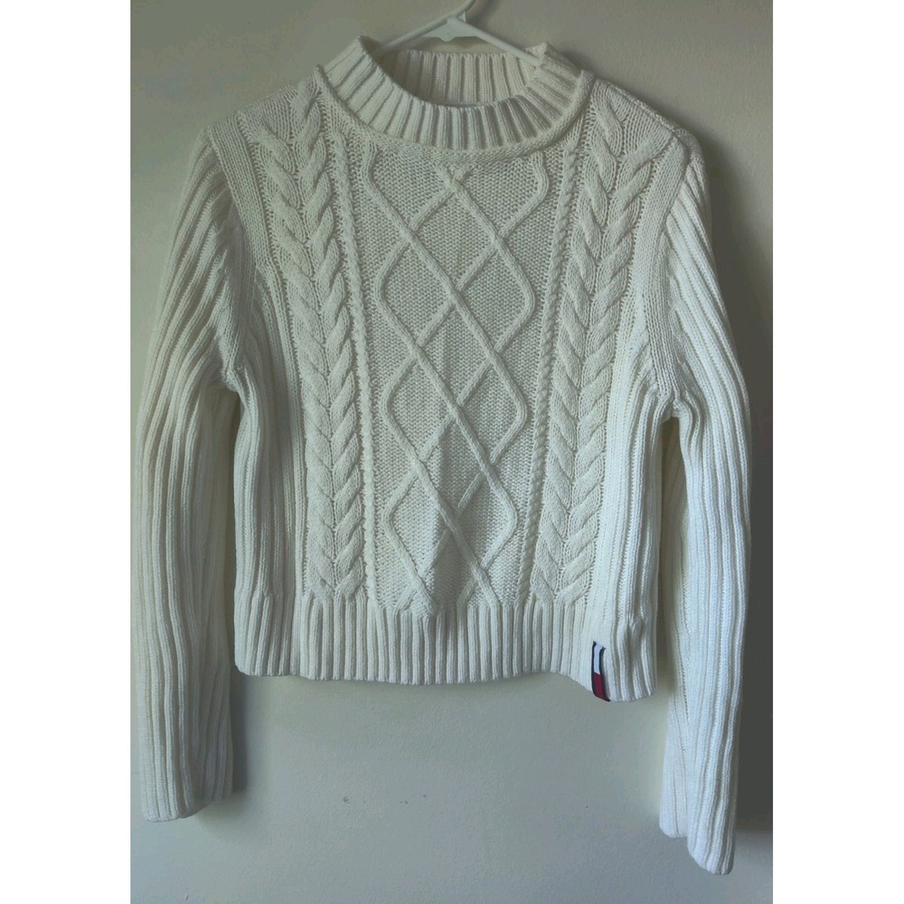 Tommy Hilfiger Cable-knit Cropped Sweater Mock Neck Off White Size Medium